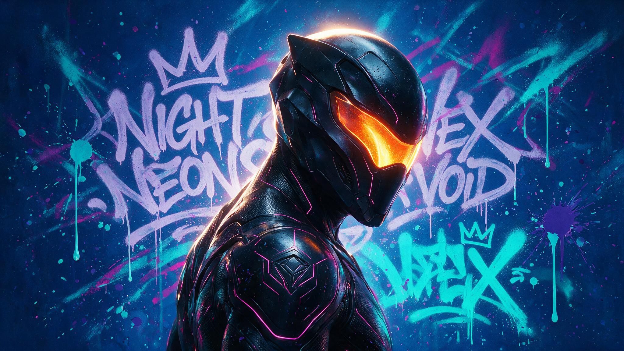 A sleek black-armored cyborg knight with glowing orange visor and hot-pink circuit lines turns toward the viewer, set against a midnight-blue wall splattered with vibrant teal and magenta graffiti tags. The neon colors and dynamic paint drips create an electrifying, futuristic street-art vibe.