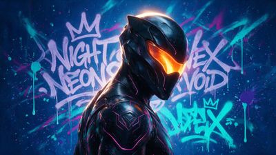 A sleek black-armored cyborg knight with glowing orange visor and hot-pink circuit lines turns toward the viewer, set against a midnight-blue wall splattered with vibrant teal and magenta graffiti tags. The neon colors and dynamic paint drips create an electrifying, futuristic street-art vibe.