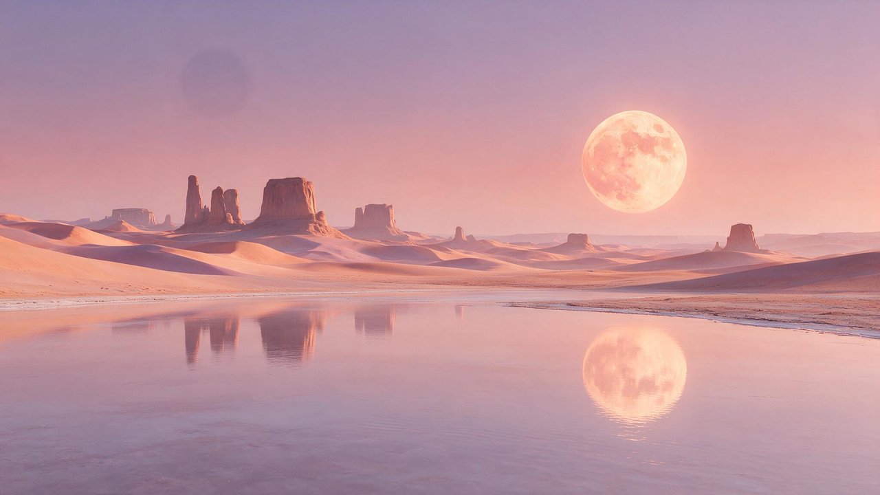 A massive peach-hued full moon rises over soft, undulating desert dunes dotted with flat-topped mesas, its radiant disc perfectly mirrored in a glassy oasis pool. The pastel twilight palette and still water create a calm, dreamlike atmosphere.