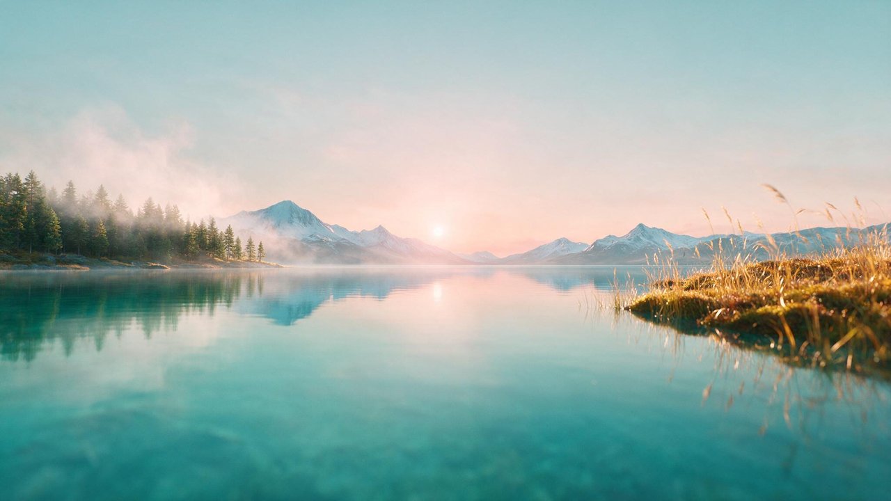 A soft golden sunrise bathes a glassy alpine lake in peach and turquoise tones, with misty pine forests on the left and snow-capped peaks reflecting on the still water to create a serene, uplifting mood.