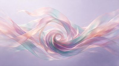 Translucent pastel ribbons of pink, lavender, and mint swirl into a soft spiral vortex against a hazy lilac backdrop, creating an airy, dreamlike mood.