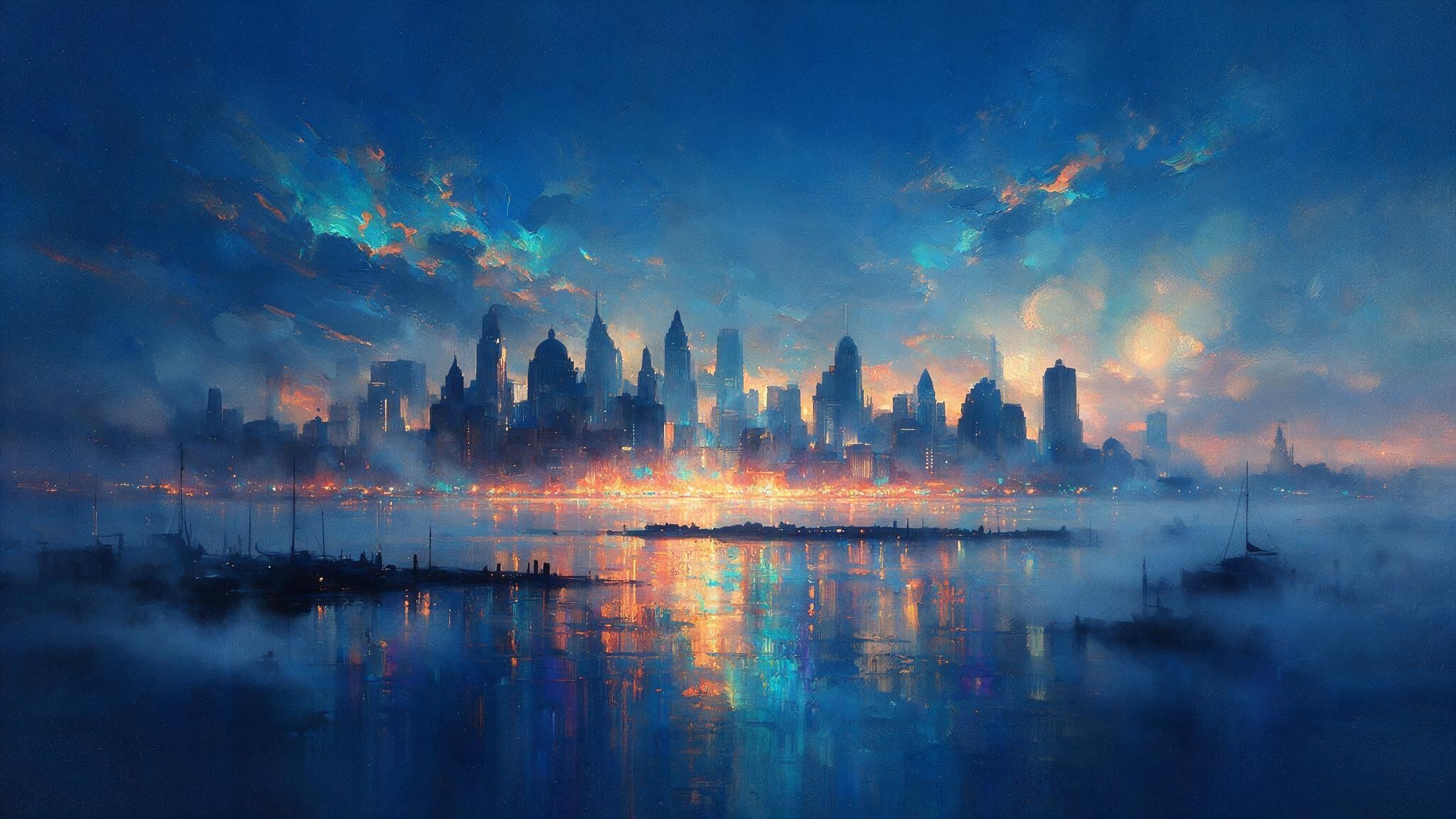 Futuristic skyscrapers pierce a dusky sky as neon orange and aqua lights glow through rolling blue mist, their reflections shimmering in a calm harbor below to create a dreamy, cinematic mood.