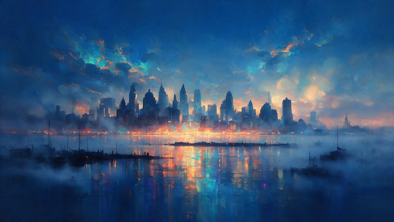 Futuristic skyscrapers pierce a dusky sky as neon orange and aqua lights glow through rolling blue mist, their reflections shimmering in a calm harbor below to create a dreamy, cinematic mood.