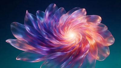 An abstract flower made of translucent glass-like petals in swirling shades of purple, pink, and orange glows at its center against a deep teal-to-navy gradient backdrop, conveying a calm, luminous mood.