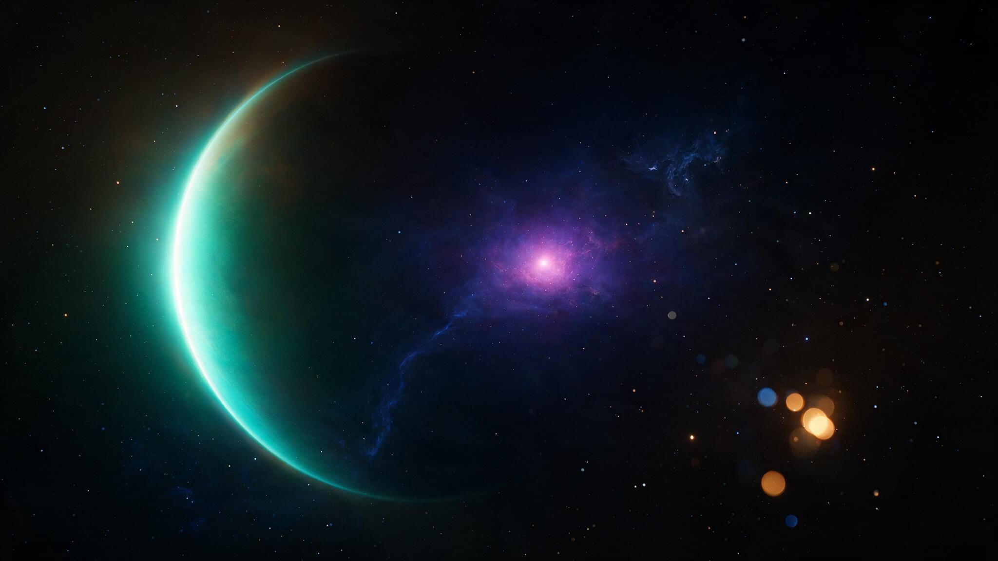 A teal crescent alien planet hangs in deep space beside a glowing purple nebula and sparse starlight, evoking a tranquil, mysterious cosmic scene.