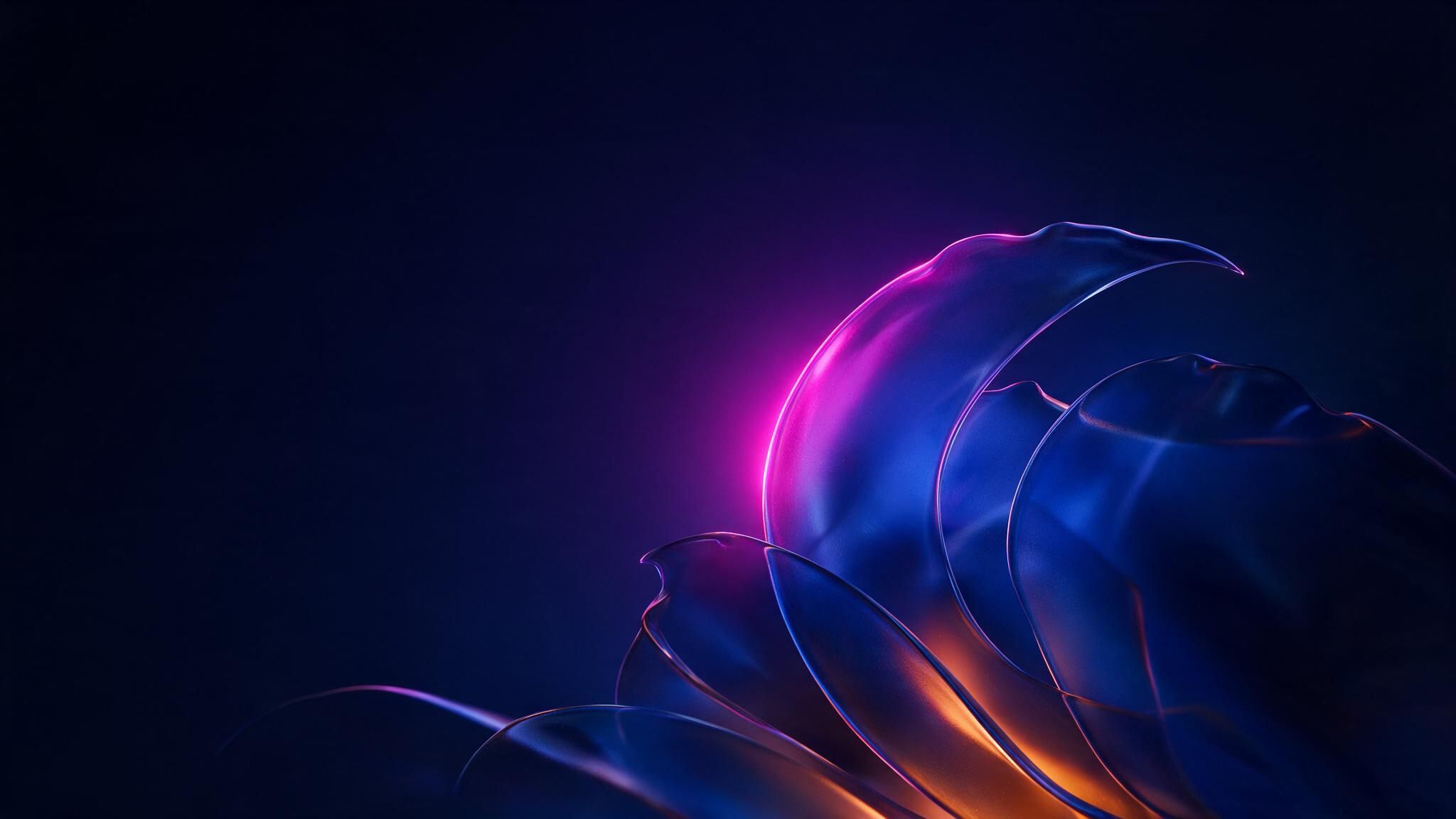 Abstract glasslike petals glowing in blue, violet, and orange neon rise from the lower right against a dark navy background, evoking a futuristic, tranquil mood.