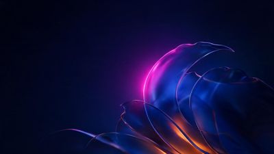 Abstract glasslike petals glowing in blue, violet, and orange neon rise from the lower right against a dark navy background, evoking a futuristic, tranquil mood.