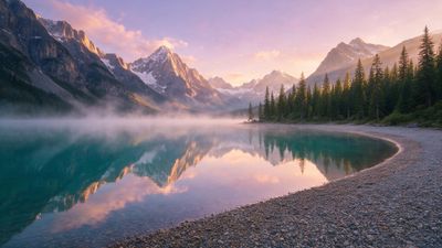 Sunrise over the snow-capped peaks of the Canadian Rockies reflects in a glassy turquoise lake bordered by mist and a pebble shoreline, with pine forests lining the right bank. Soft pink and golden dawn light and low fog create a calm, serene mood.