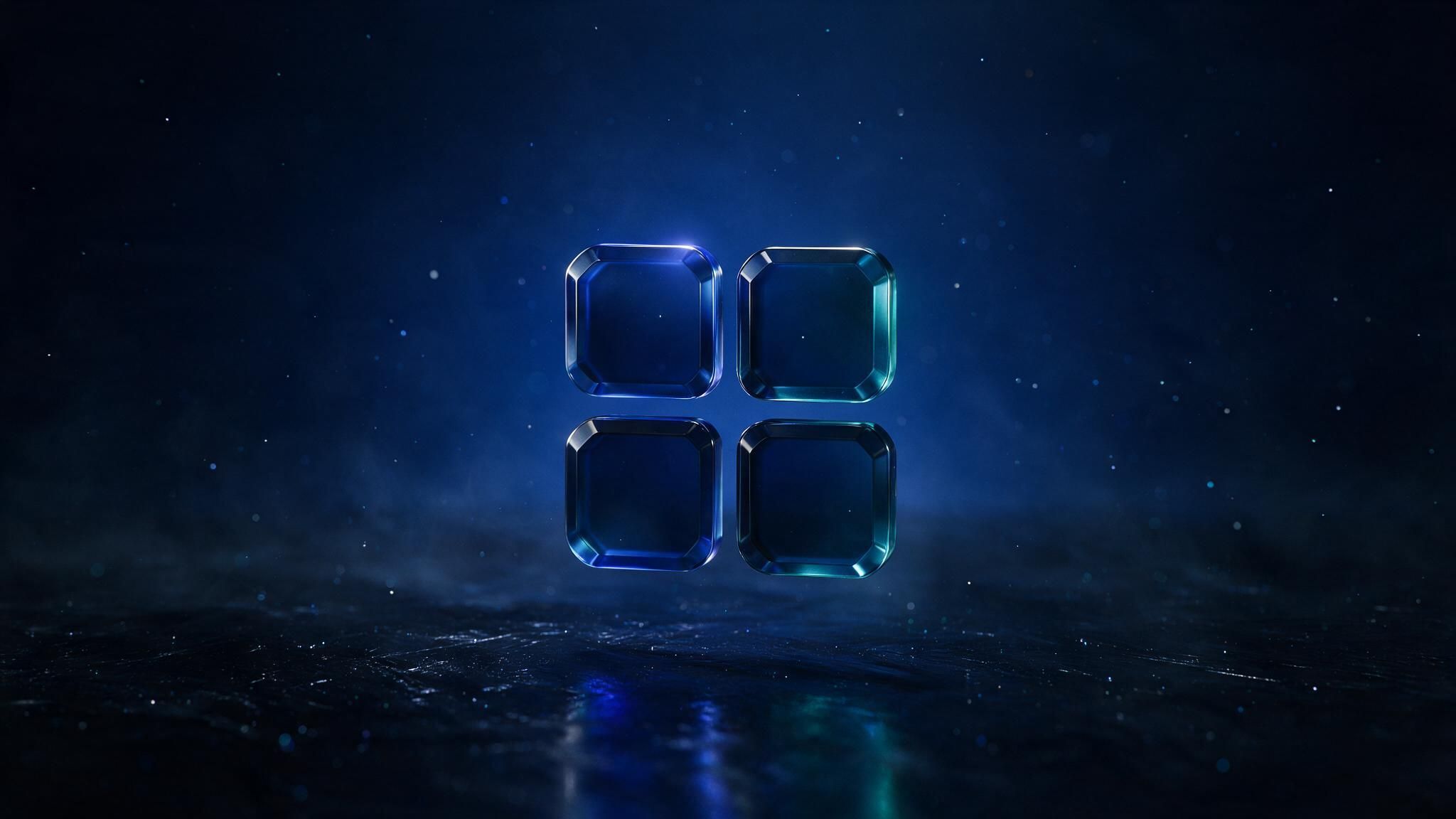 A translucent glass Windows 11 logo of four rounded squares floats above a reflective, misty blue-black surface against a star-speckled backdrop, evoking a calm, futuristic mood.