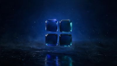 A translucent glass Windows 11 logo of four rounded squares floats above a reflective, misty blue-black surface against a star-speckled backdrop, evoking a calm, futuristic mood.