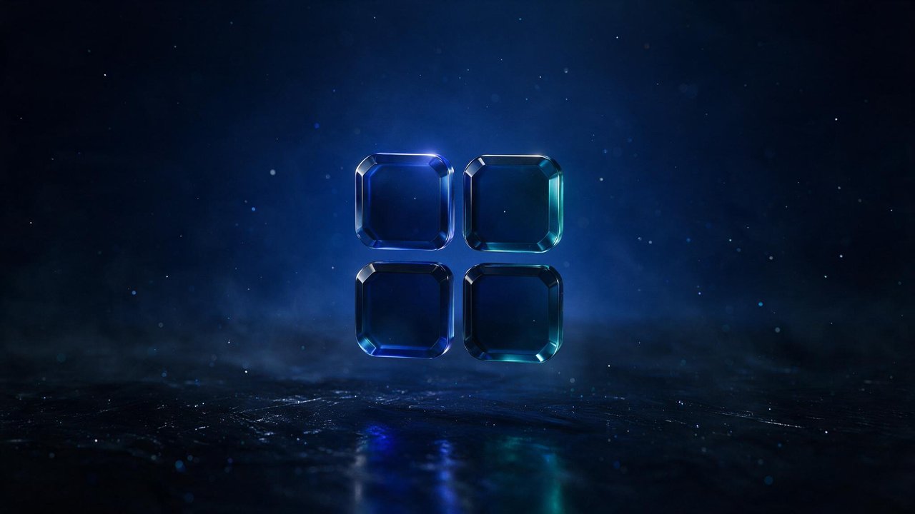 A translucent glass Windows 11 logo of four rounded squares floats above a reflective, misty blue-black surface against a star-speckled backdrop, evoking a calm, futuristic mood.