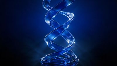 Glossy blue spiral ribbon twists upward against a dark blue gradient backdrop, softly illuminated from within. The minimalist composition creates a calm, futuristic mood.