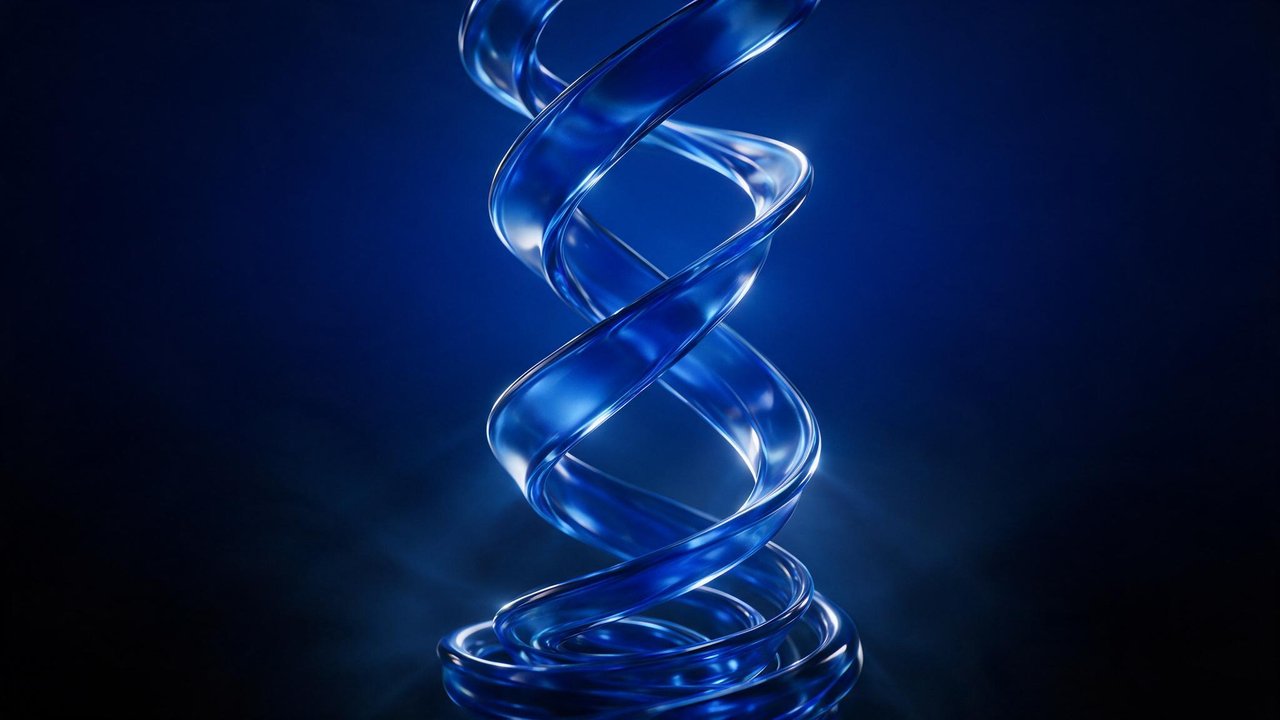 Glossy blue spiral ribbon twists upward against a dark blue gradient backdrop, softly illuminated from within. The minimalist composition creates a calm, futuristic mood.