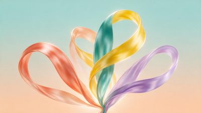 Four pastel satin ribbons—peach, teal, yellow, and lavender—twist into looping, flower-like shapes against a gentle peach-to-aqua gradient background, creating a light and uplifting mood.