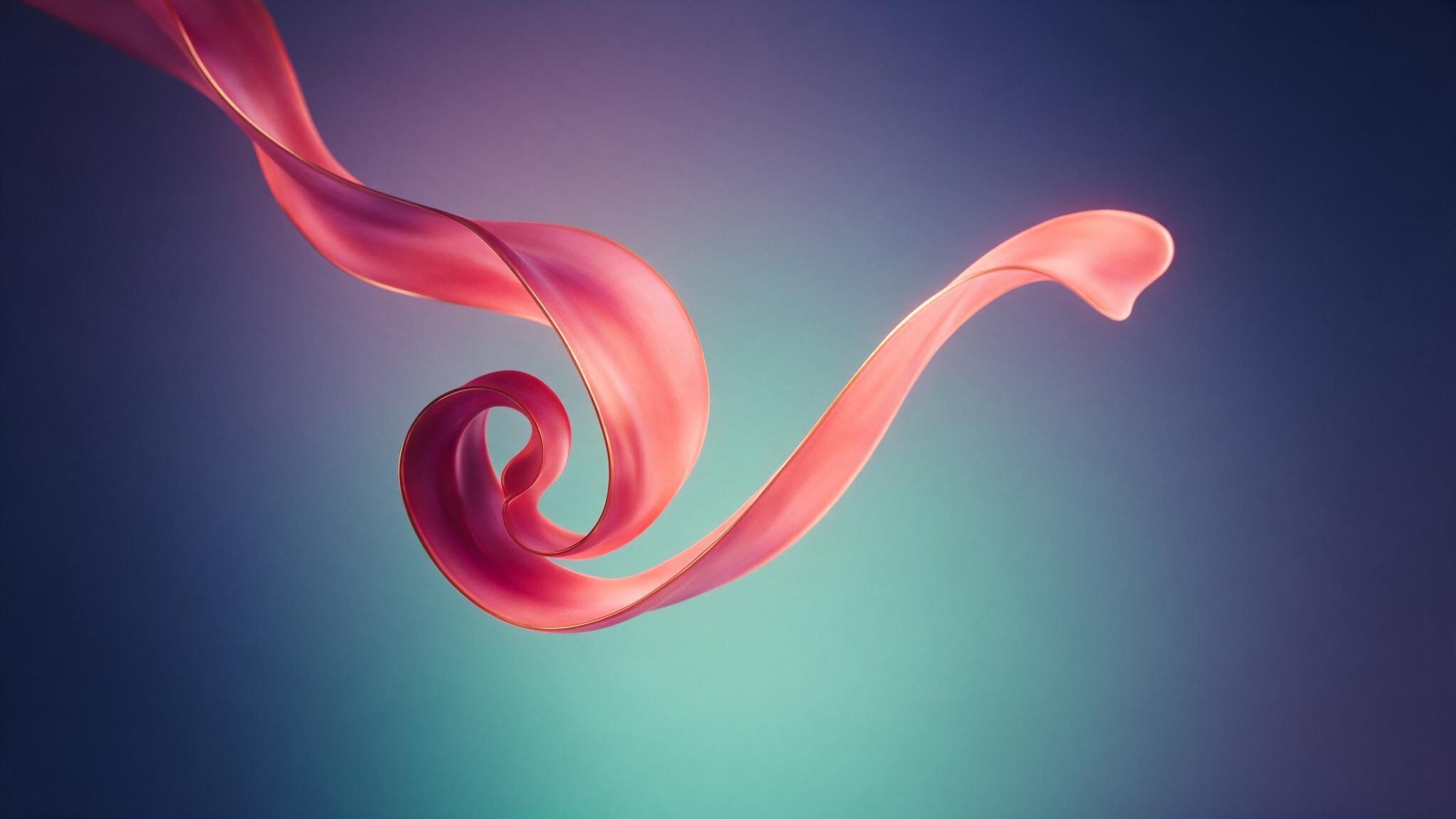 Abstract pink ribbon swirl floats against a smooth teal-to-navy gradient background, recalling the Windows 11 Bloom motif. The soft lighting and flowing curves create a calm, airy mood.