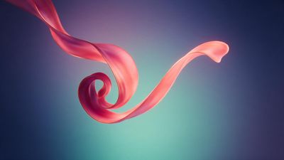 Abstract pink ribbon swirl floats against a smooth teal-to-navy gradient background, recalling the Windows 11 Bloom motif. The soft lighting and flowing curves create a calm, airy mood.