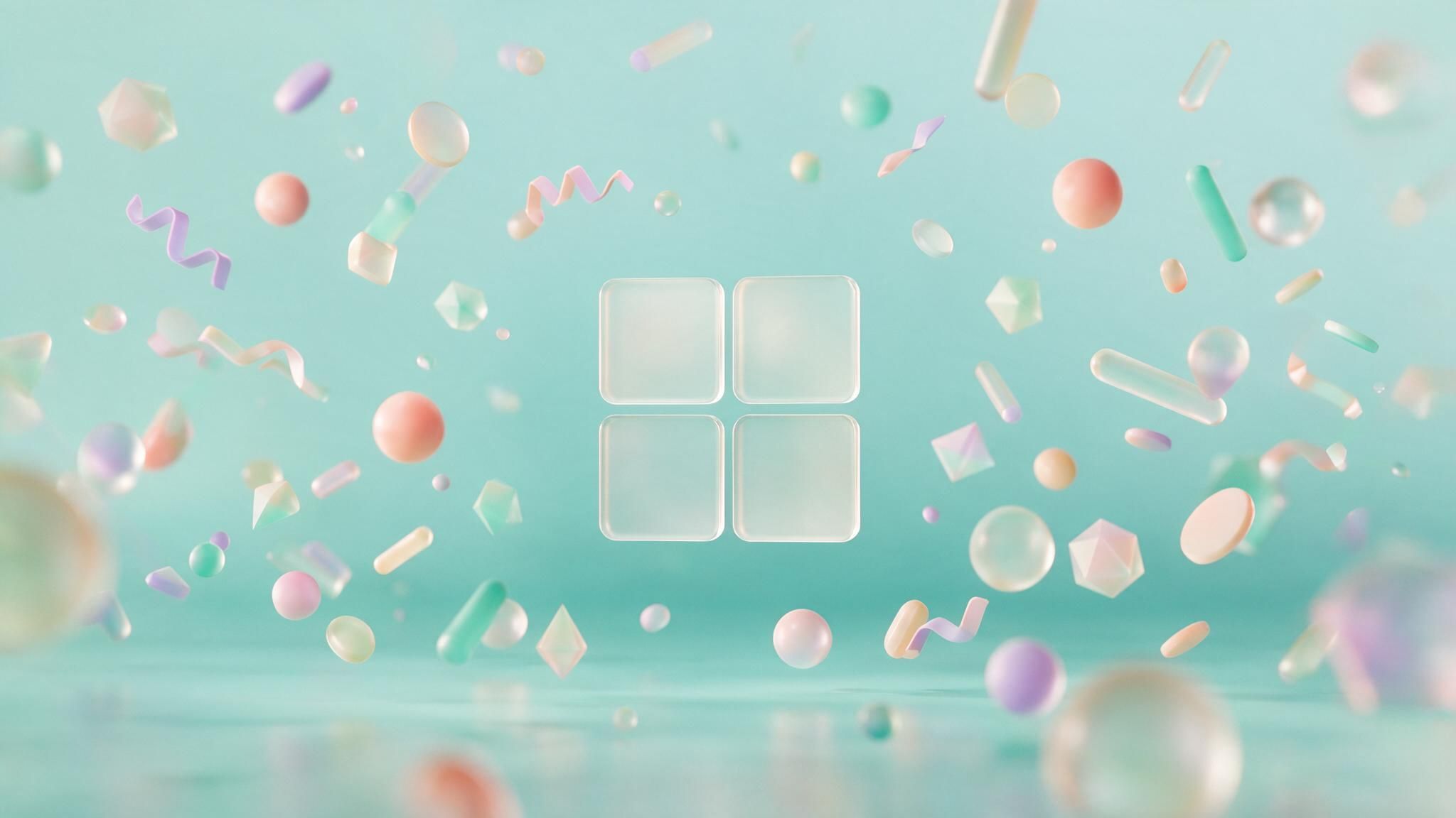 Frosted-glass Windows logo centered amid floating pastel spheres, ribbons, and geometric shapes against a soft aqua backdrop, creating a serene, playful mood.