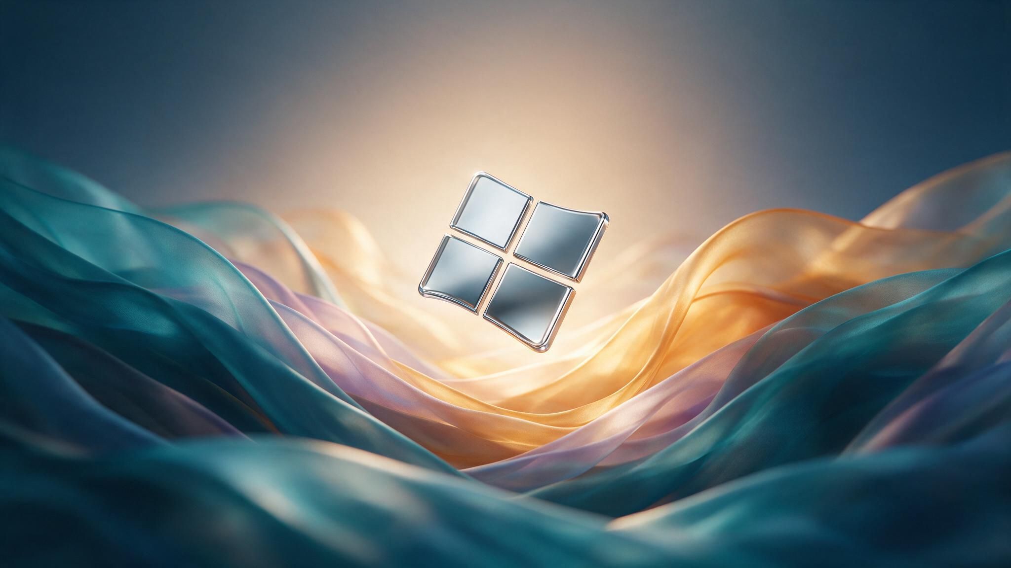 A glass Windows logo hovers above shifting teal, gold, and lavender silk-like waves under gentle, dawn-toned light, evoking a calm, futuristic mood.