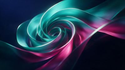 Abstract neon swirl of teal and magenta ribbon-like forms against a deep navy backdrop, resembling a blooming flower. The luminous, flowing curves evoke a futuristic and serene mood.