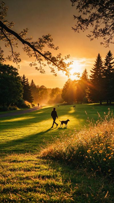 A golden sunset bathes the spacious park in amber light as a person and their dog walk across dew-bright grass, casting elongated shadows toward a foreground of late-summer wildflowers. The warm glow and scattered silhouettes of other walkers and dogs evoke a serene celebration of companionship fit for International Dog Day.