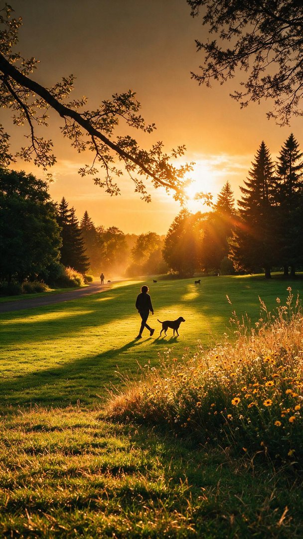 A golden sunset bathes the spacious park in amber light as a person and their dog walk across dew-bright grass, casting elongated shadows toward a foreground of late-summer wildflowers. The warm glow and scattered silhouettes of other walkers and dogs evoke a serene celebration of companionship fit for International Dog Day.