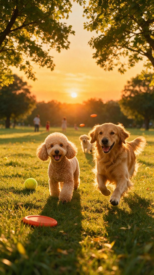 Two joyful dogs—a curly apricot poodle and a golden retriever—bound toward the viewer across a sun-lit park, tongues lolling and ears flying, with scattered tennis balls, orange Frisbees, and soft-focused families in the distance. The golden-hour glow filtering through leafy trees bathes the scene in warmth, capturing the festive spirit of International Dog Day and the pure exuberance of canine companionship.