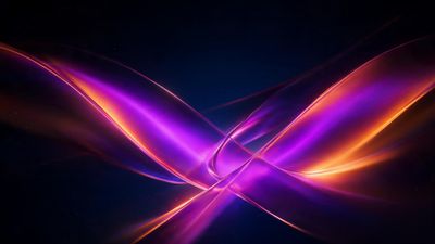 Intersecting purple and orange neon ribbons form an X-shaped flow across a dark, abstract digital backdrop. The glowing curves against the deep space-like background evoke a vibrant, futuristic mood.