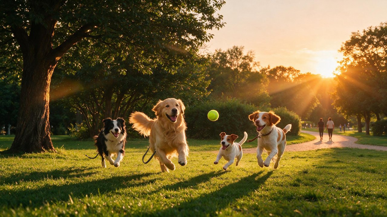 Four joyful dogs—a golden retriever, Border Collie, Jack Russell, and Brittany spaniel—sprint across sun-drenched park grass toward a hovering tennis ball, their ears flaring and tongues lolling in the golden-hour glow. Long shadows and warm amber light infuse the moment with easy camaraderie, echoing the celebratory spirit of International Dog Day.