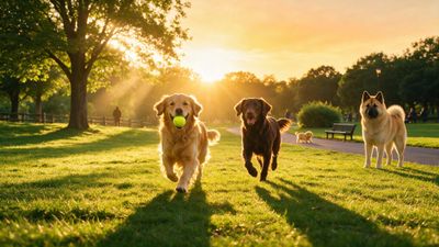 Two joyful retrievers bound toward the viewer across a sun-drenched park lawn—one gripping a bright tennis ball—while an alert Akita looks on and a tiny puppy romps in the background, all bathed in warm sunset rays that echo the spirit of International Dog Day. Lush green grass, long shadows, and dappled trees frame the scene with a welcoming, late-summer glow.