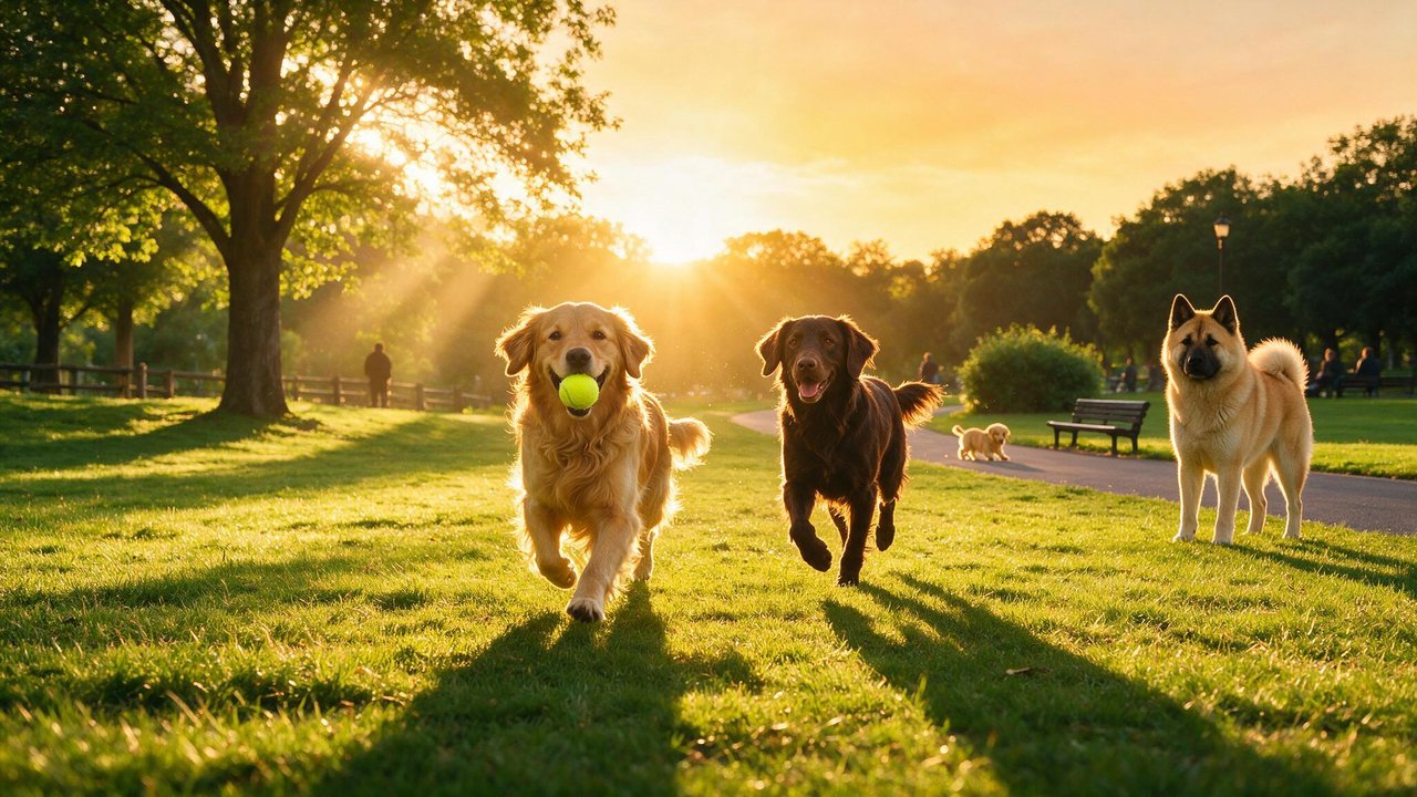 Two joyful retrievers bound toward the viewer across a sun-drenched park lawn—one gripping a bright tennis ball—while an alert Akita looks on and a tiny puppy romps in the background, all bathed in warm sunset rays that echo the spirit of International Dog Day. Lush green grass, long shadows, and dappled trees frame the scene with a welcoming, late-summer glow.