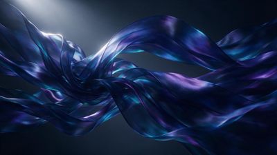 Translucent blue and purple ribbons swirl across a dark background under a soft spotlight, evoking a calm, futuristic mood.
