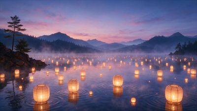 Hundreds of glowing paper lanterns drift across a misty mountain lake at dusk, their warm reflections rippling on the still water. The soft pink-and-purple twilight sky and silhouetted pine-covered peaks evoke a tranquil, contemplative mood.