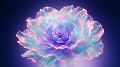 An iridescent glass lotus with pastel blue, violet, and pink petals hovers against a deep indigo gradient background, creating a serene, ethereal mood.