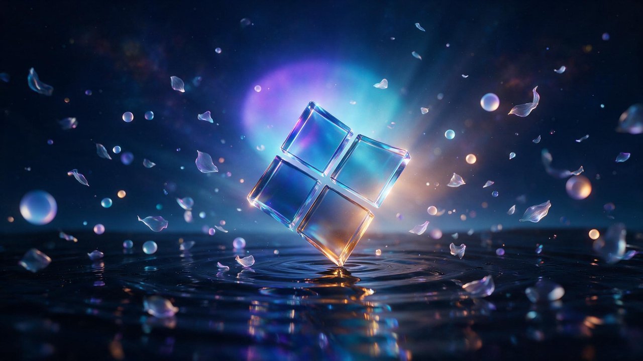 A glass Windows 11 logo of four glowing cubes hovers above rippling water at night, encircled by floating iridescent petals and orbs. The cool blue-violet light and gentle reflections create a futuristic, tranquil mood.