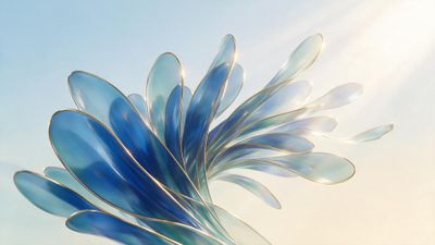 Abstract Windows 11 bloom of translucent blue, gold-edged petals unfurls against a pale sky with soft morning rays, creating a calm, uplifting mood.