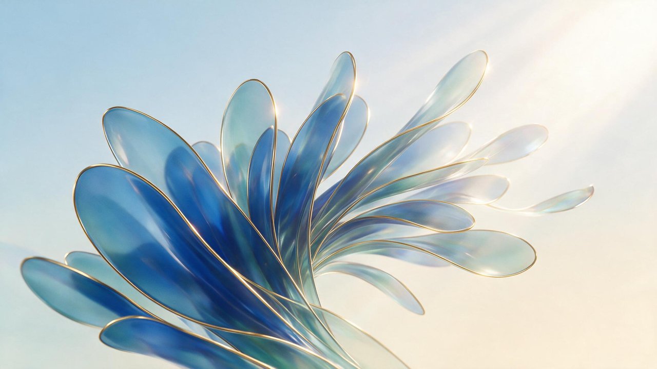 Abstract Windows 11 bloom of translucent blue, gold-edged petals unfurls against a pale sky with soft morning rays, creating a calm, uplifting mood.
