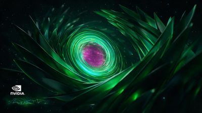 A luminous green vortex of layered, blade-like shapes spirals through a starry space backdrop, revealing a glowing magenta core at its center; the scene feels futuristic and energetic. An NVIDIA logo sits discreetly in the lower left corner.