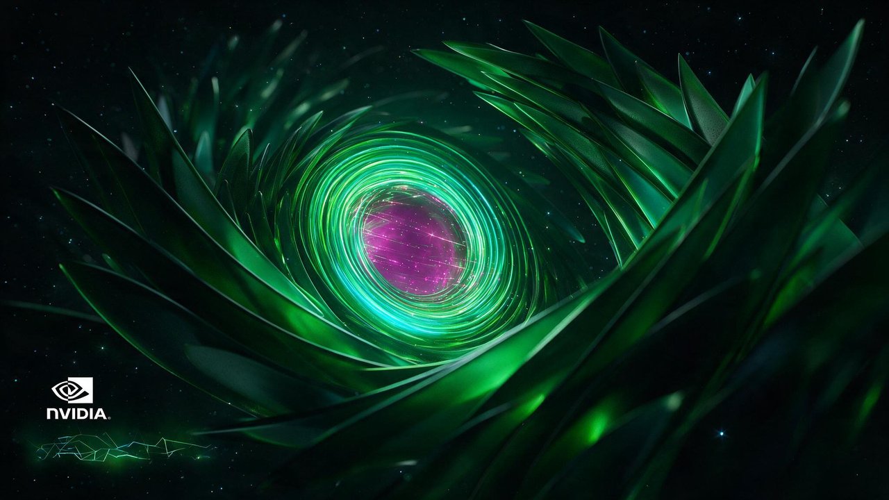 A luminous green vortex of layered, blade-like shapes spirals through a starry space backdrop, revealing a glowing magenta core at its center; the scene feels futuristic and energetic. An NVIDIA logo sits discreetly in the lower left corner.