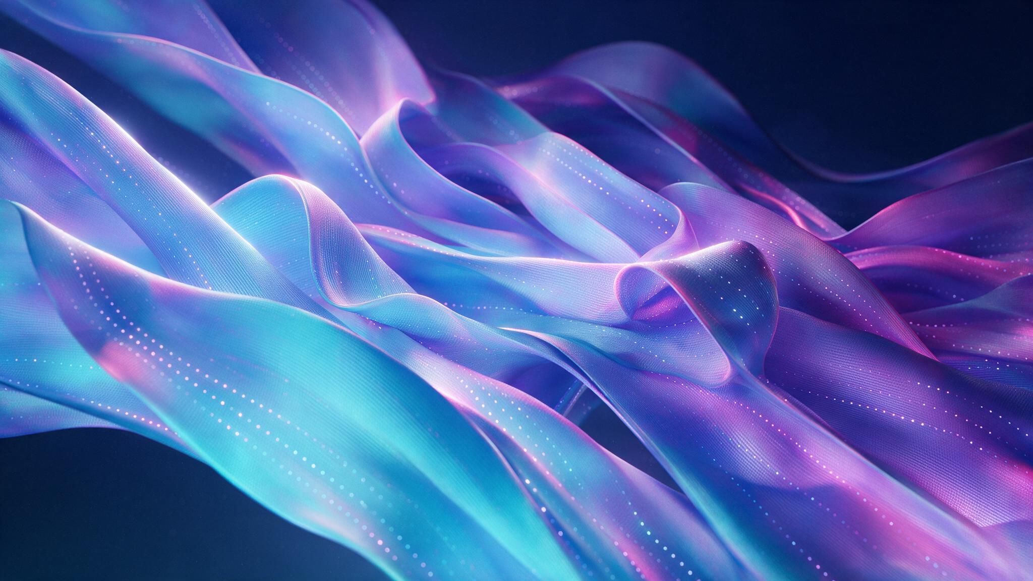 Translucent ribbons of neon blue, teal, and violet ripple across a dark digital backdrop, creating gentle luminous waves. The composition evokes a calm, futuristic mood.
