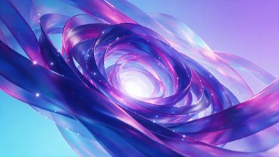Abstract ribbon-like neon swirls in purple, blue, and pink spiral toward a glowing center on a soft gradient background, creating a futuristic and energetic mood.