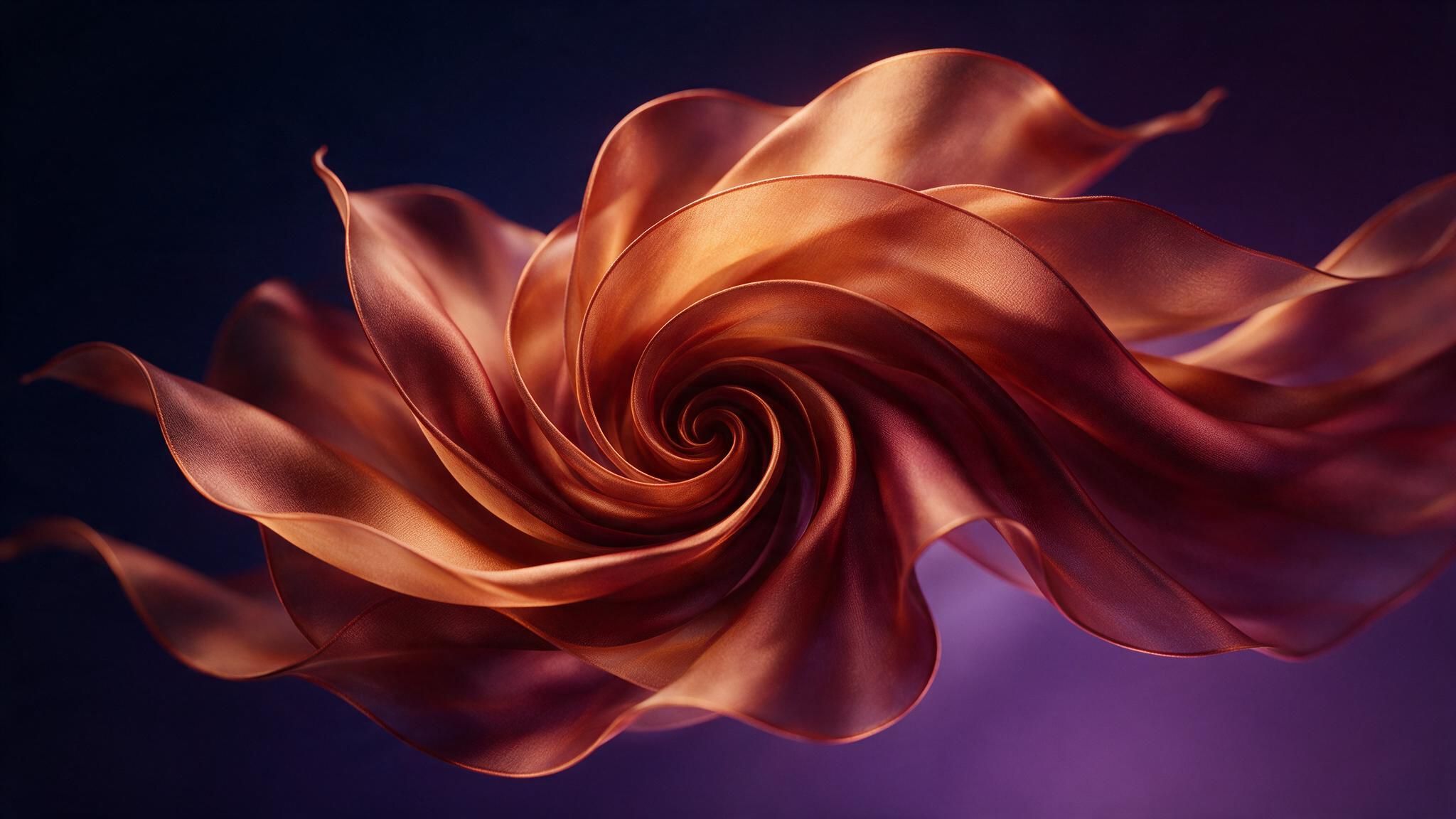 A spiraling ribbon of copper-toned fabric unfurls like a flower against a deep navy-to-violet gradient backdrop, creating an elegant, serene mood.