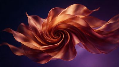 A spiraling ribbon of copper-toned fabric unfurls like a flower against a deep navy-to-violet gradient backdrop, creating an elegant, serene mood.