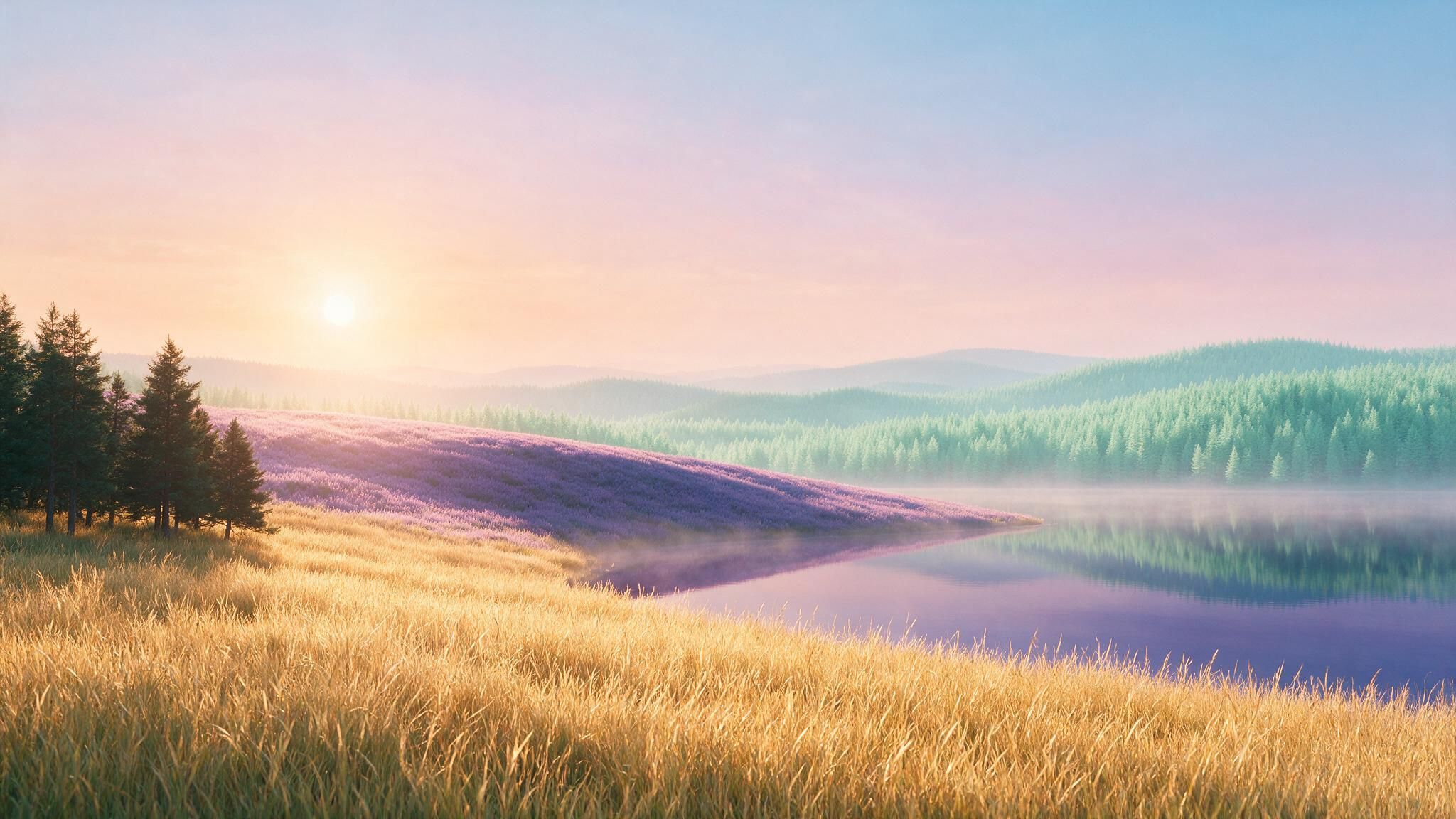 Sunrise over a calm lake bordered by golden grasses, blooming lavender fields, and distant pine-covered hills, creating a serene, peaceful mood.