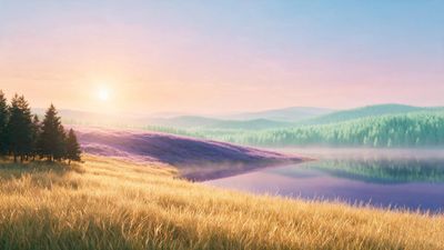 Sunrise over a calm lake bordered by golden grasses, blooming lavender fields, and distant pine-covered hills, creating a serene, peaceful mood.