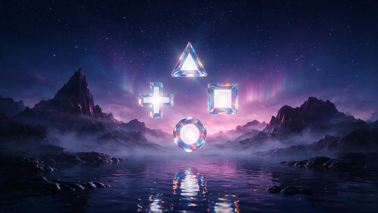 Four iridescent crystal PlayStation symbols—Triangle, Cross, Square, and Circle—hover above a mist-shrouded mountain lake under a star-filled sky and soft aurora glow, evoking a calm, otherworldly mood.