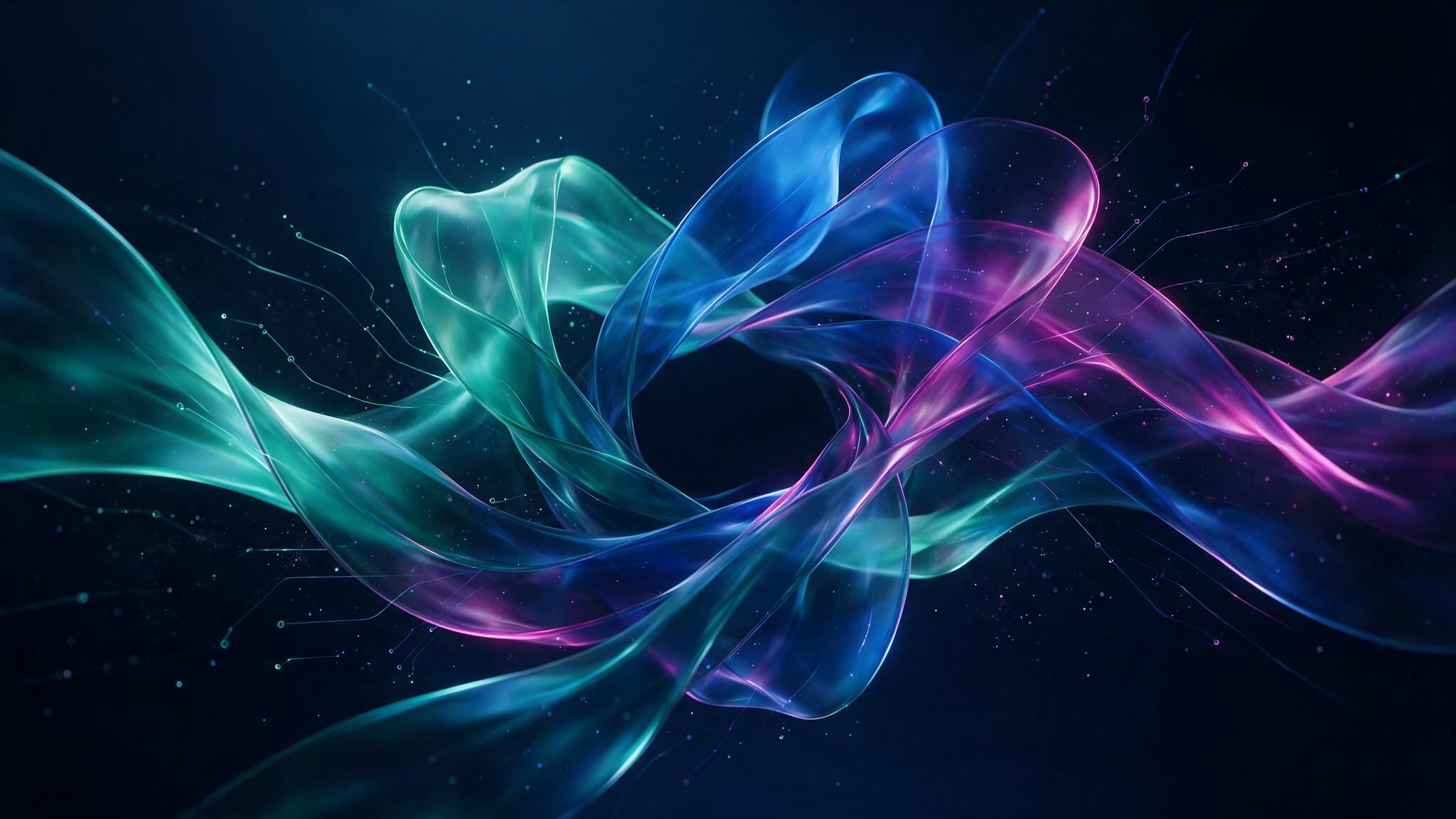 Abstract vortex of translucent teal, blue, and magenta energy ribbons spirals against a dark, star-flecked backdrop, creating a dynamic, futuristic mood.