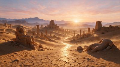 Broken statues and crumbling stone columns sprawl across a vast desert ruin at sunset, warm orange light glinting off the sand and distant mountains to evoke a quiet, wistful sense of lost history.