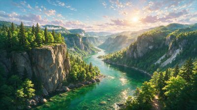 Sunlit emerald river winds through a steep, forested mountain canyon under a partly cloudy sky, creating a peaceful, uplifting mood.