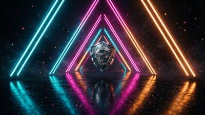 A metallic MSI Dragon Shield hovers in the middle of a dark, wet floor tunnel framed by cyan, magenta, and amber neon triangles, giving the scene a futuristic, high-energy vibe.