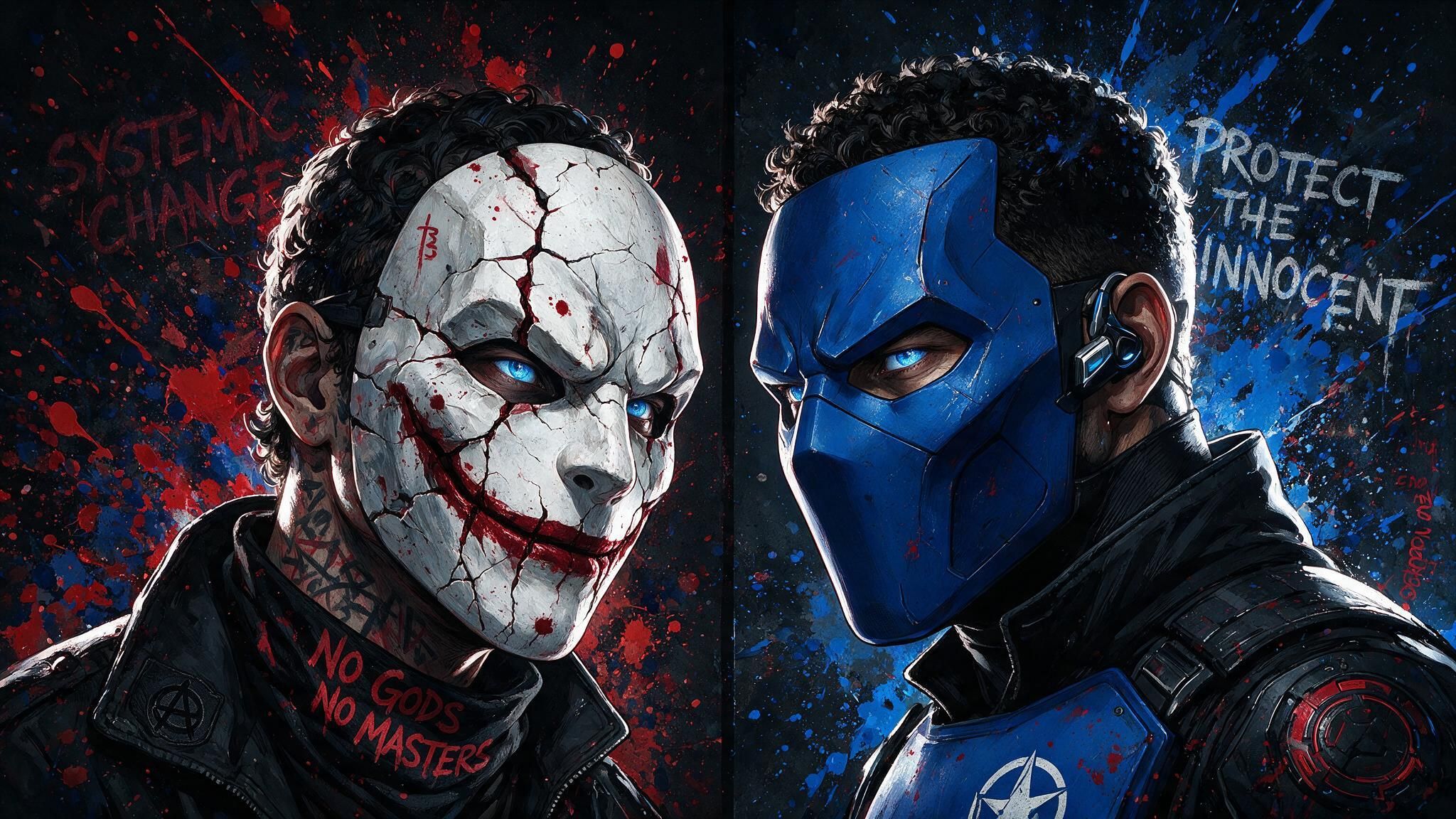 Split-screen close-up of a cracked white clown mask with a red grin facing a blue-armored vigilante helmet, both locking glowing blue eyes amid splattered red and blue graffiti reading “Systemic Change” and “Protect the Innocent,” creating a tense, combative mood.